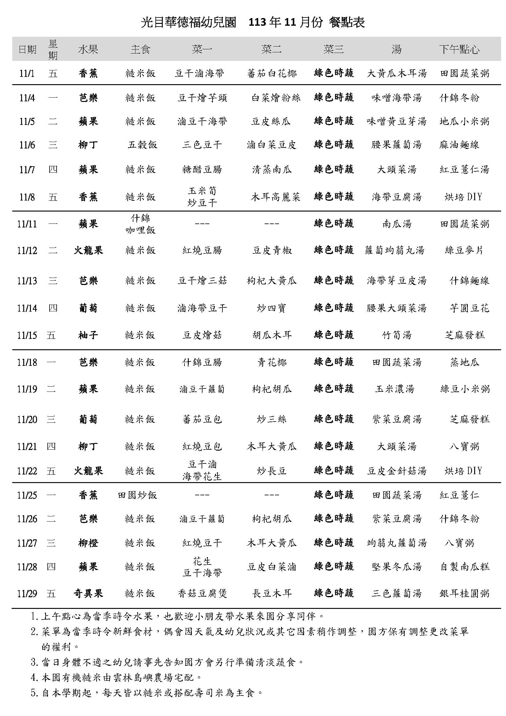 113年11月份餐點表